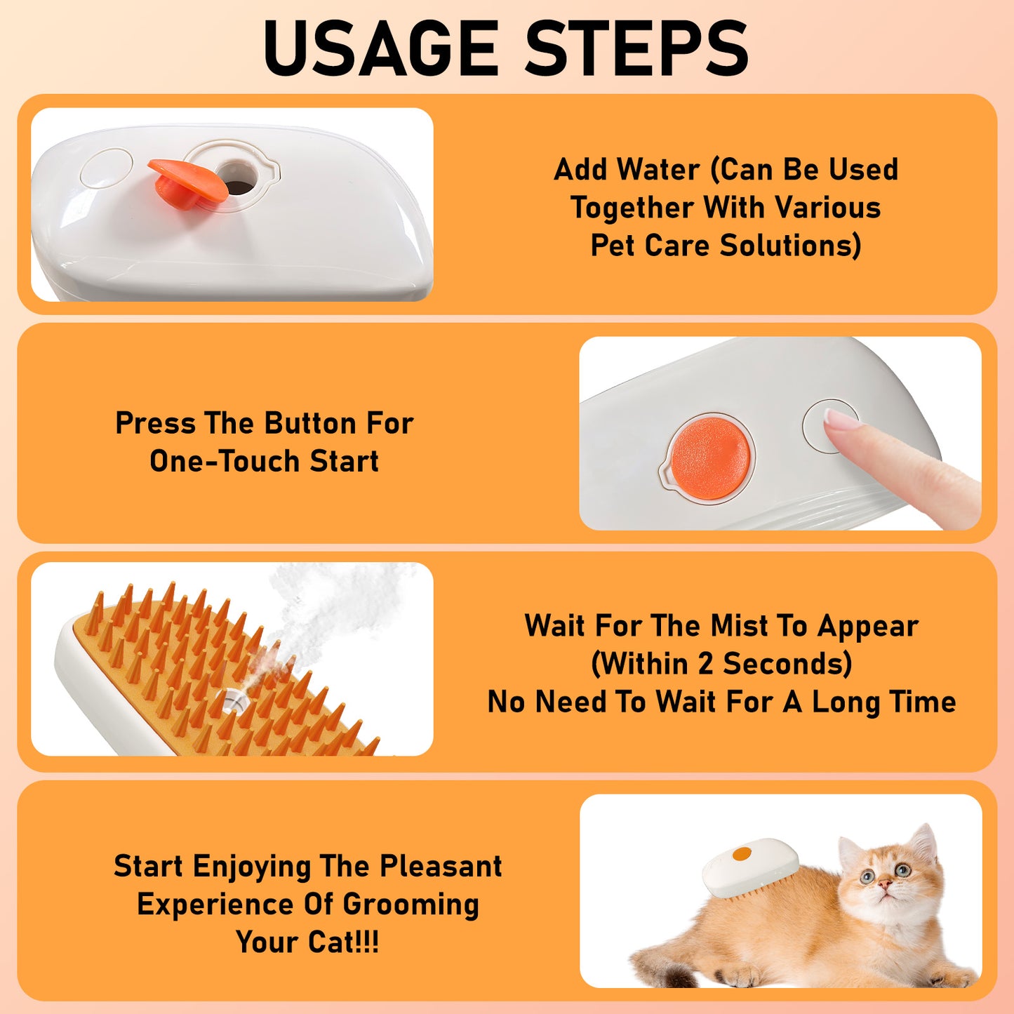 Steam brush with rubber bristles for pets