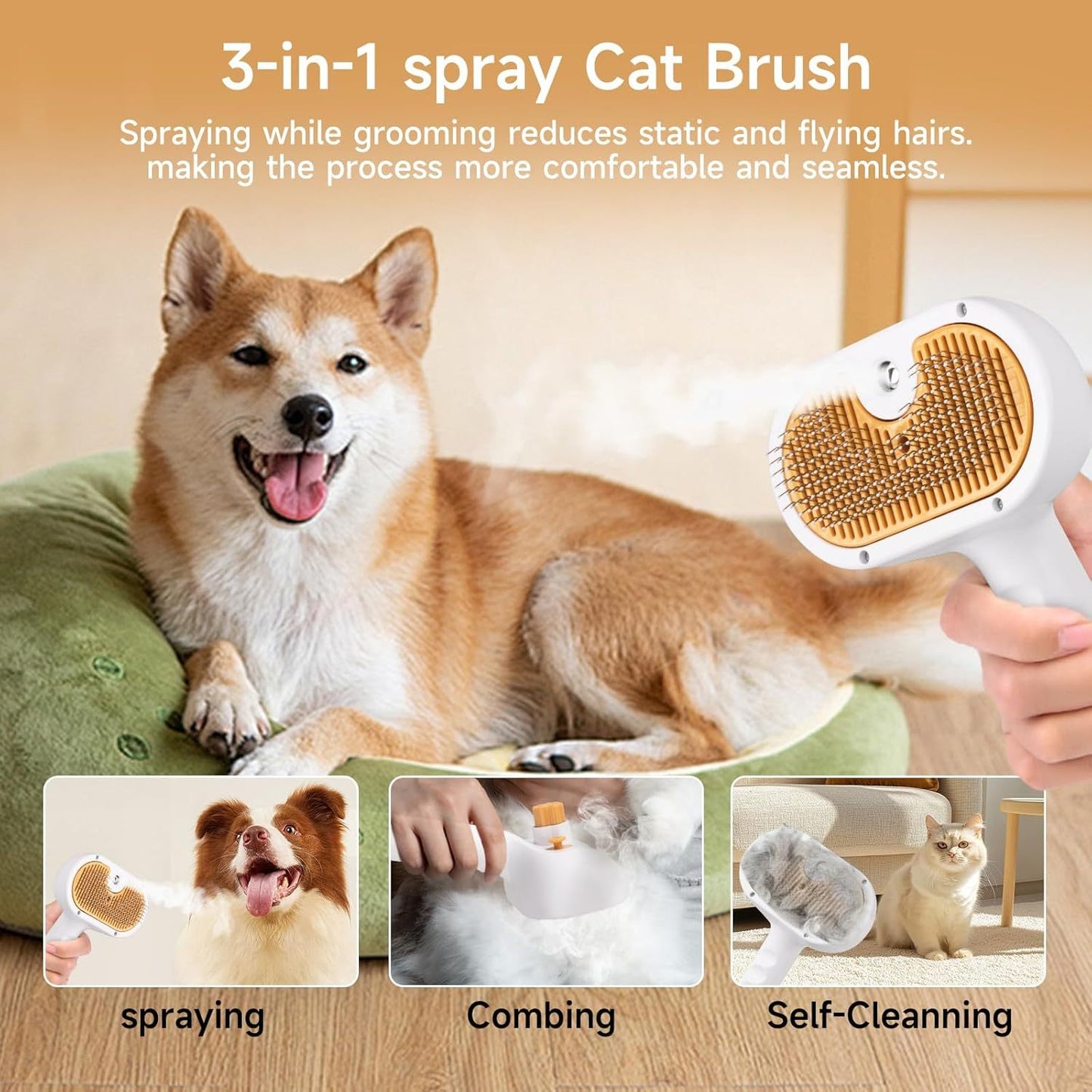 Steam brush with metal bristles for pets